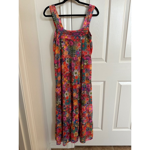 Natural Life Floral Mesh Tiered Maxi Dress Boho Cottagecore Sheer V-Neck Size M - Picture 8 of 9